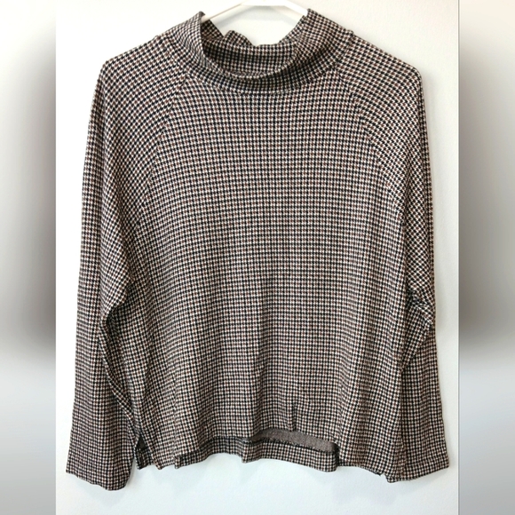 Lou & Grey Medium black brown houndstooth mock turtle neck long sleeve top - Picture 1 of 8